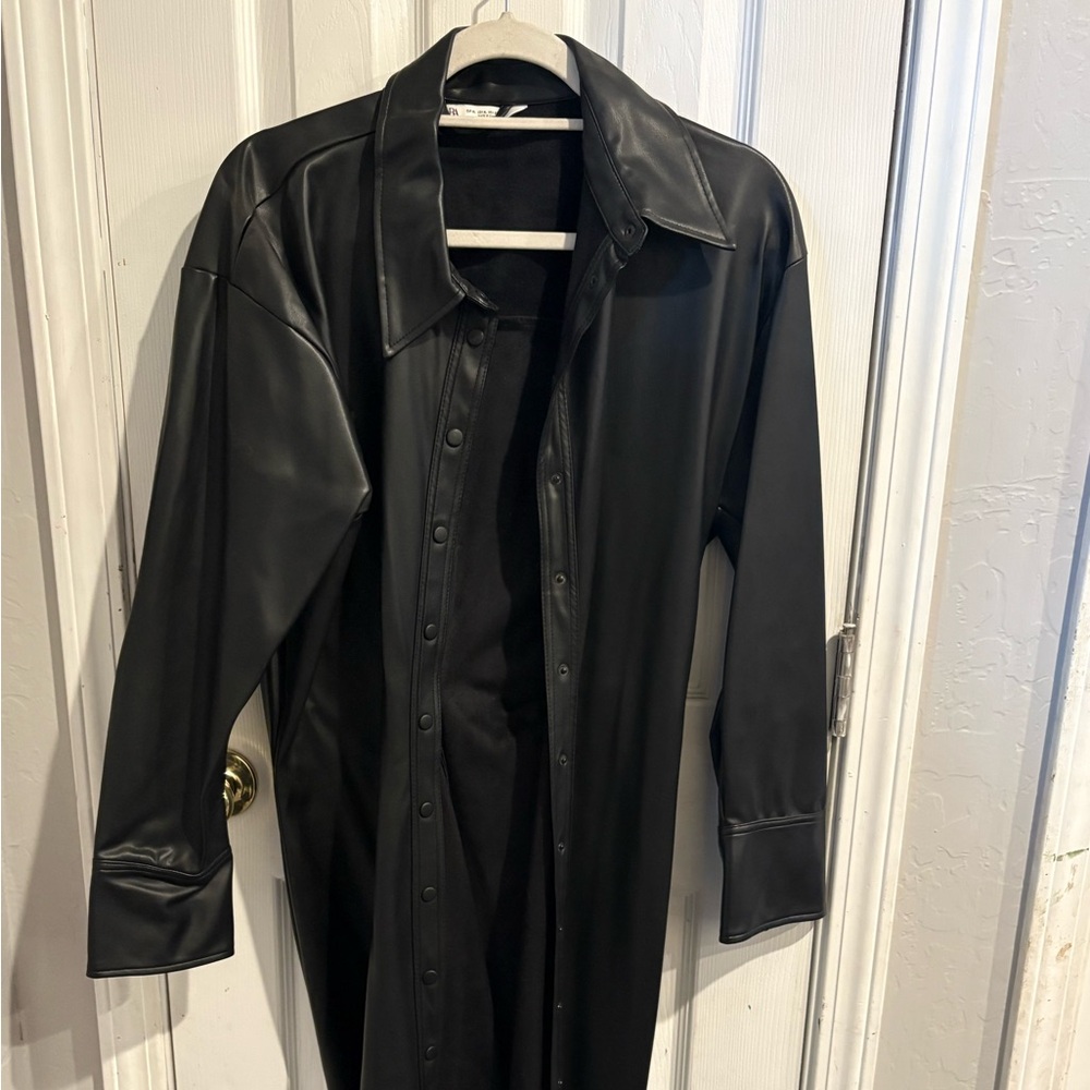 Zara Black Long Button Leather Coat